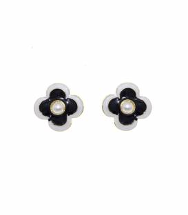 Oorclips | zwarte bloem clip oorclips met creme rand