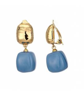 Oorclips goudkleurige met blauwe vierkante hanger | Fashion blauwe gouden clip oorclips