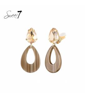 Oorclip | Champagnekleurige steen en taupe hanger | Sweet 7