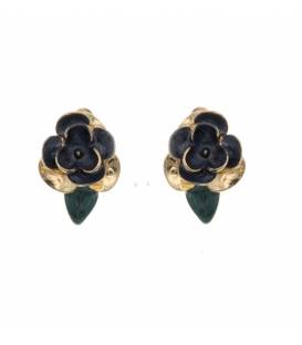 Oorclips | Blauwe bloem met goudkleur en groen accent