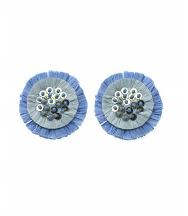 Jeans blauwe oorclips met raffia bloem , pailletten en kraaltjes