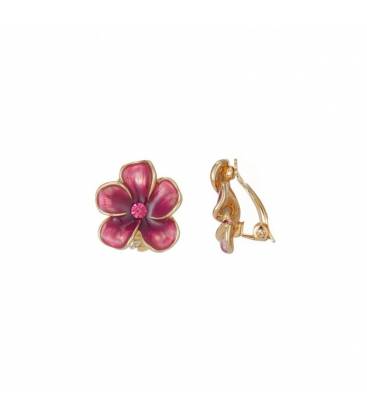 Fuchsia roze bloemen oorclips met glassteentje Trendy oorclips