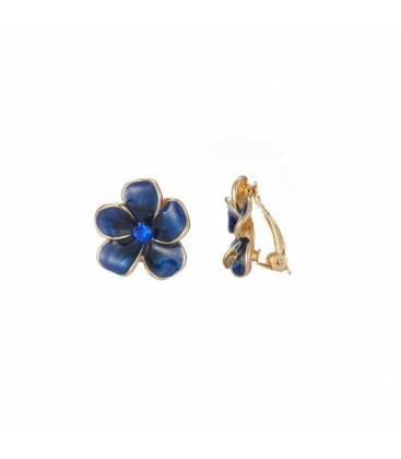 Blauwe bloemen oorclips met glassteentje Stijlvolle oorclips